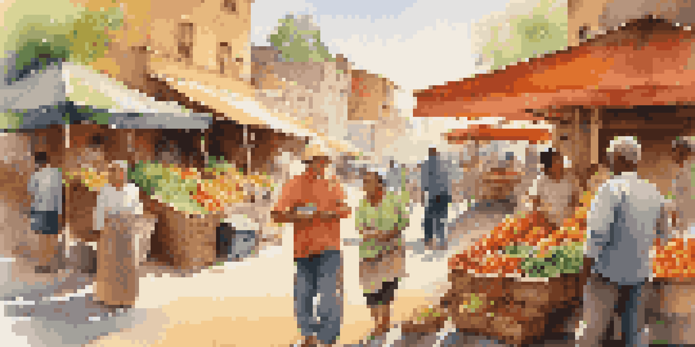 A lively market scene with a vendor laughing with a customer among colorful displays of fruits and vegetables.