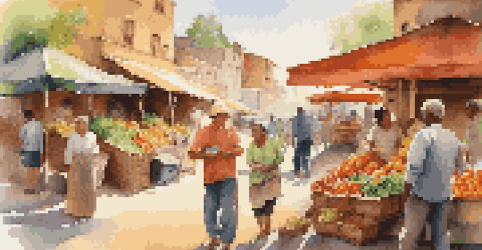 A lively market scene with a vendor laughing with a customer among colorful displays of fruits and vegetables.