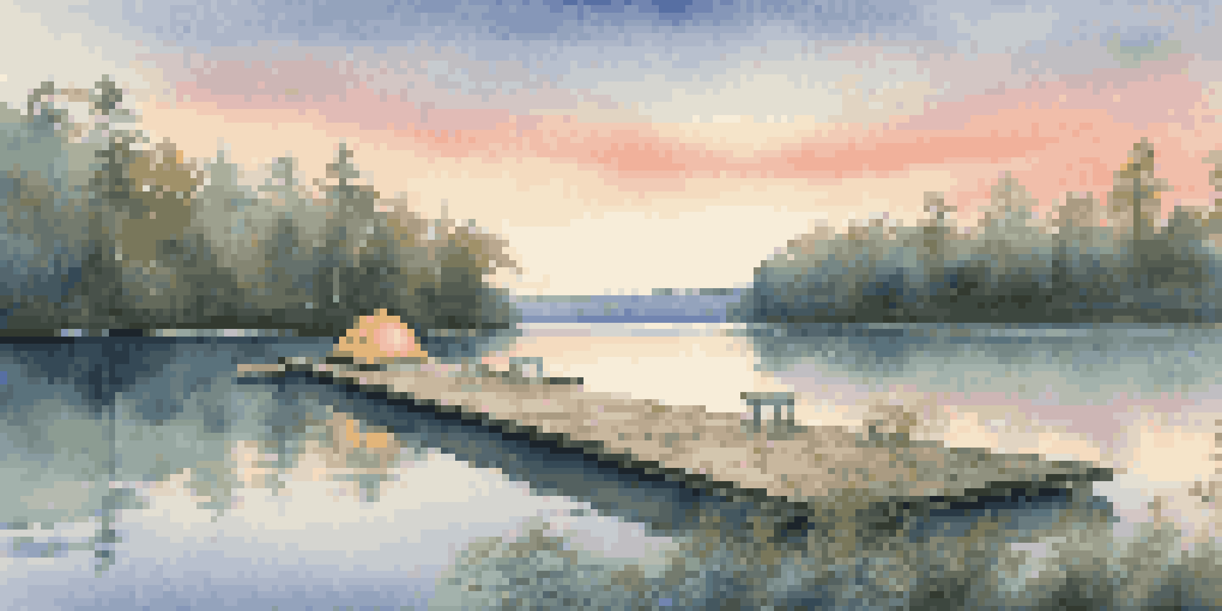 A peaceful campsite on a floating platform at sunrise, with a tent and calm water reflecting the pastel sky.