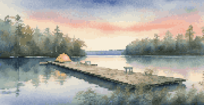 A peaceful campsite on a floating platform at sunrise, with a tent and calm water reflecting the pastel sky.