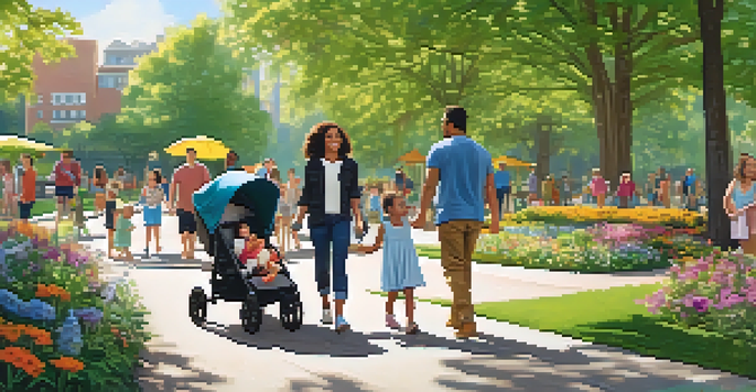 A diverse family using a lightweight stroller in a sunny urban park, surrounded by trees and flowers.