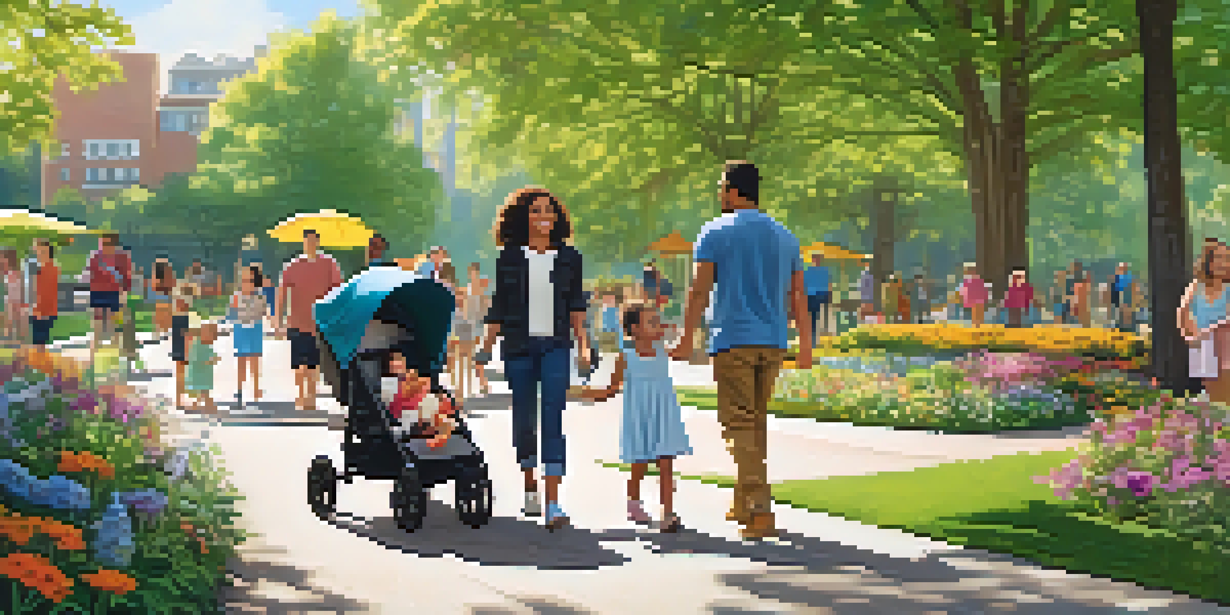 A diverse family using a lightweight stroller in a sunny urban park, surrounded by trees and flowers.