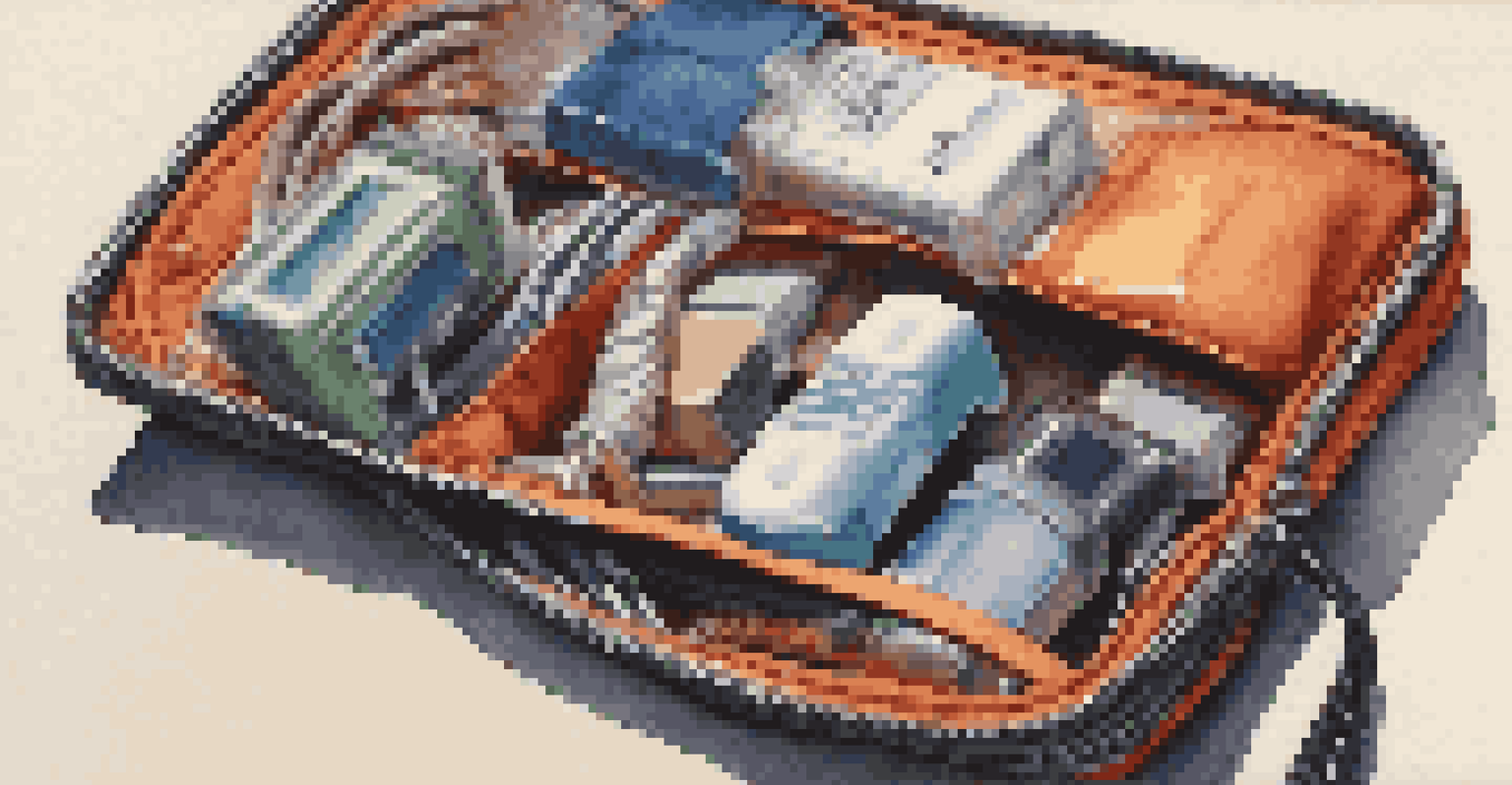 A close-up of labeled cables and chargers arranged neatly in a pouch on a textured surface.
