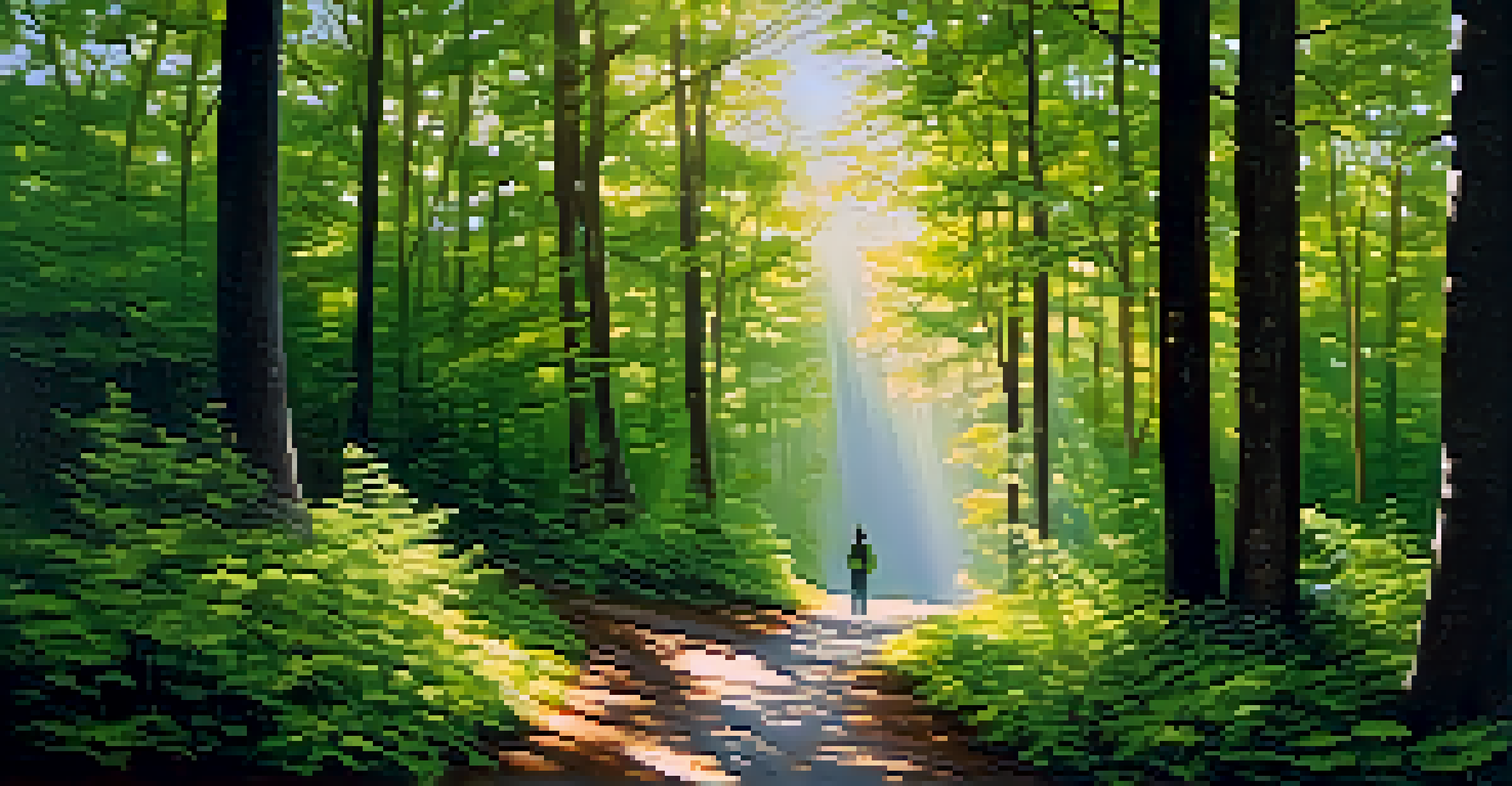 A peaceful forest path with sunlight shining through the leaves and a person walking mindfully.