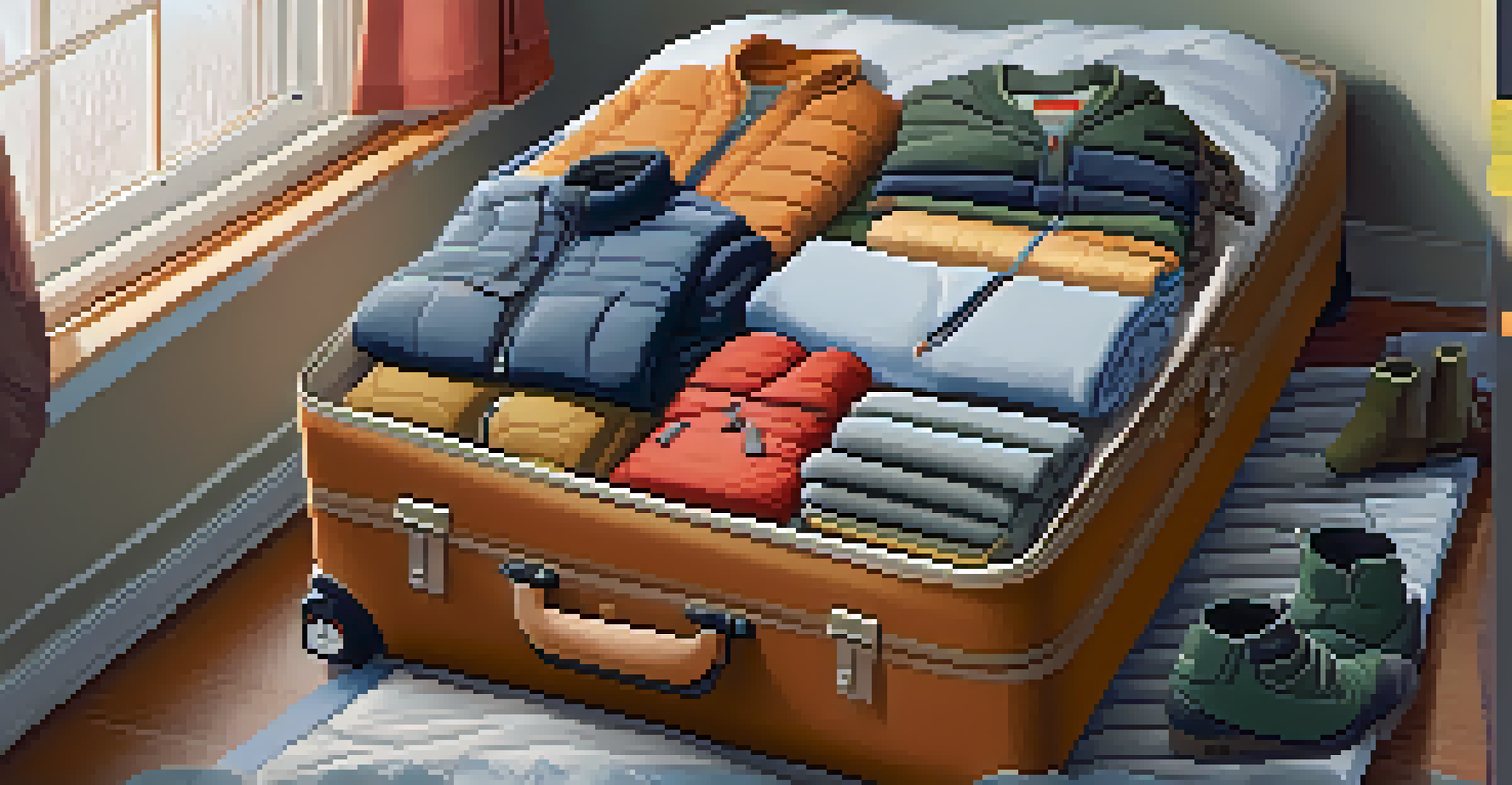 A neatly organized packing setup with rolled clothes, packing cubes, and winter gear on a bed, illuminated by natural light.