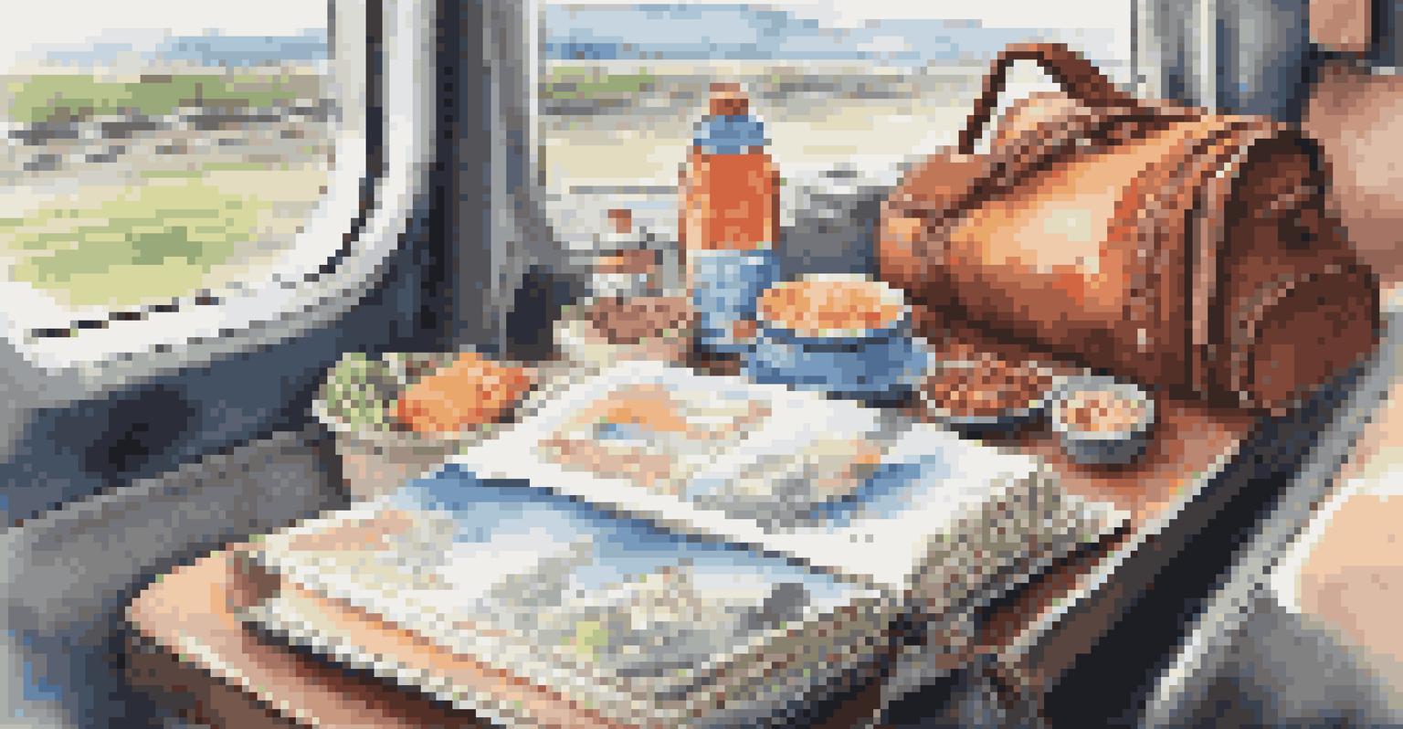 A traveler's essentials for a train trip, including snacks, a water bottle, and a book, with blurred scenery in the background.