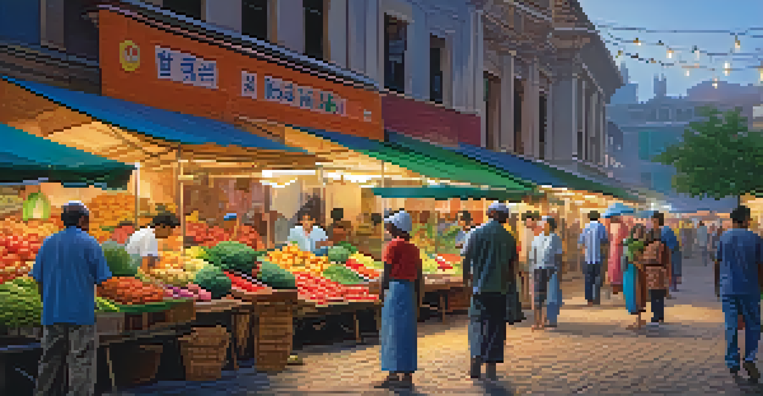 A vibrant local market at twilight, filled with colorful stalls of fresh produce and twinkling lights, creating a lively atmosphere.