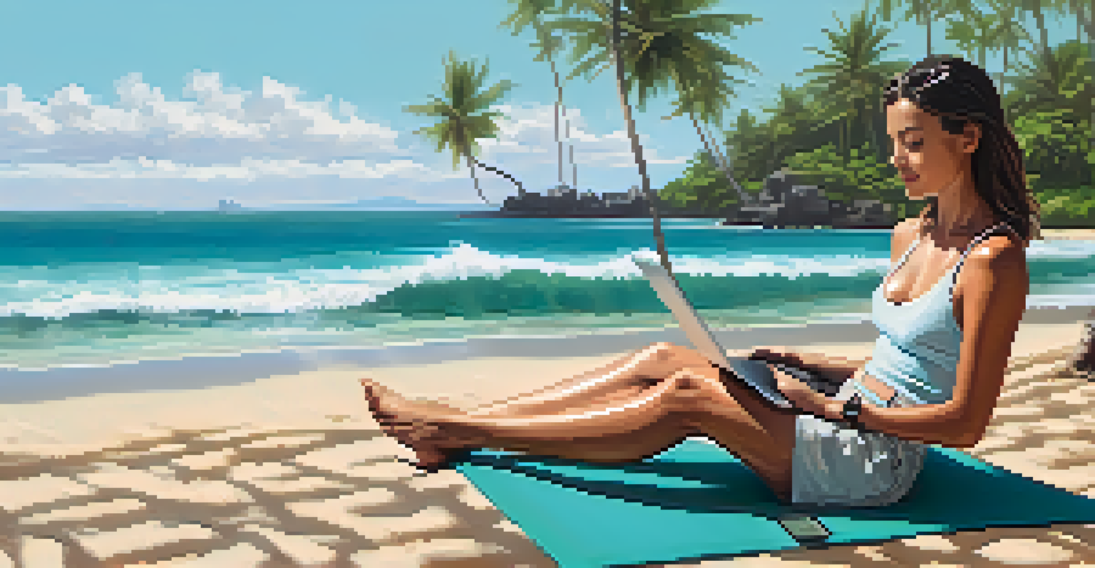 A person sitting on a yoga mat at a beach in Bali, using a tablet with waves and palm trees in the background.