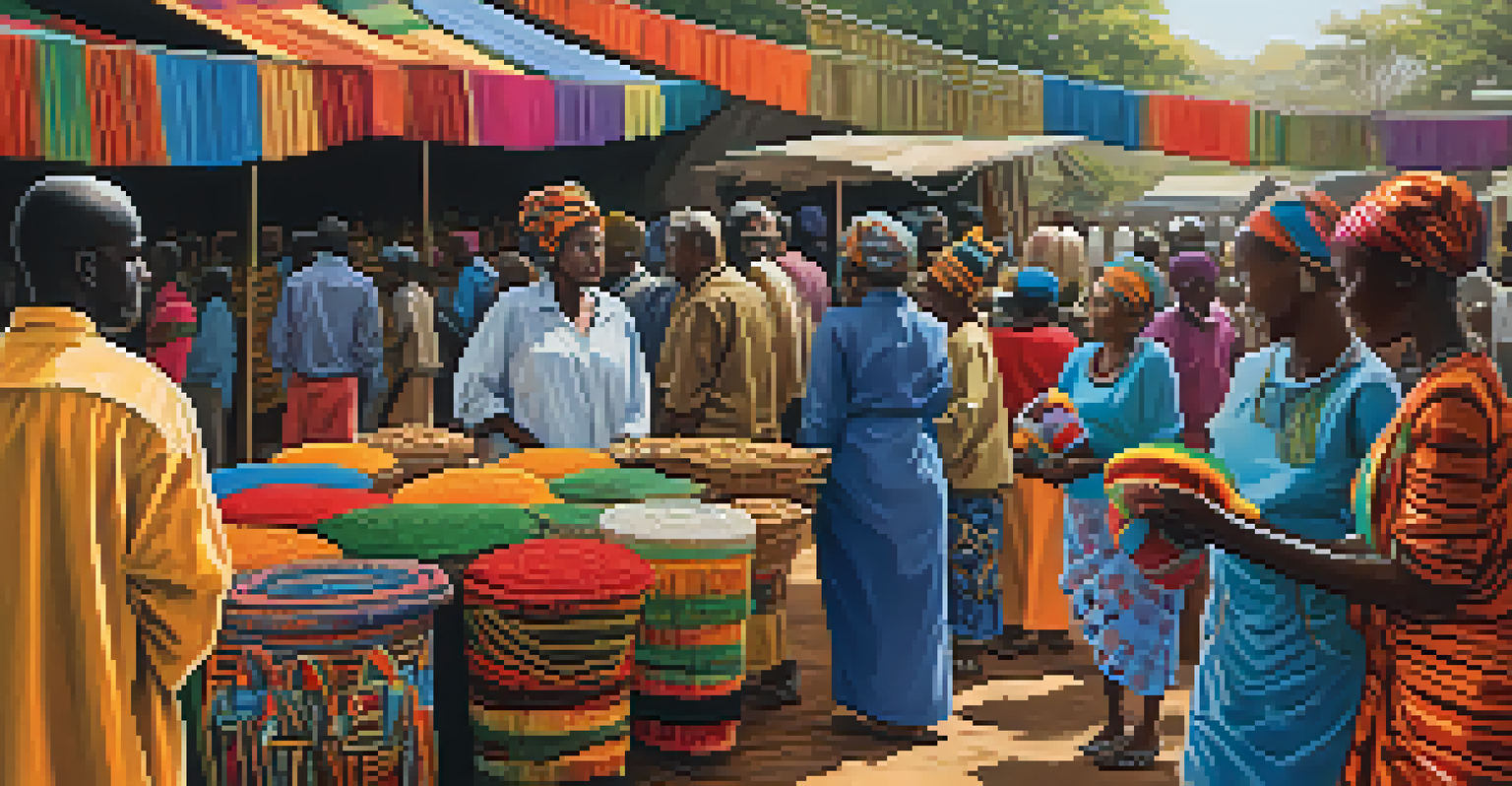 A colorful African market with handmade crafts and textiles, showcasing community and cultural richness.