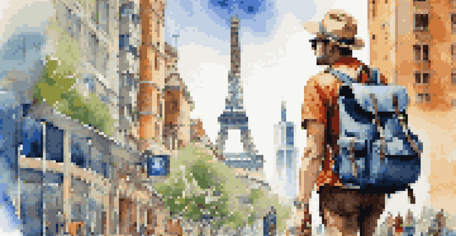 A traveler exiting the airport into a lively city filled with landmarks and colorful streets.