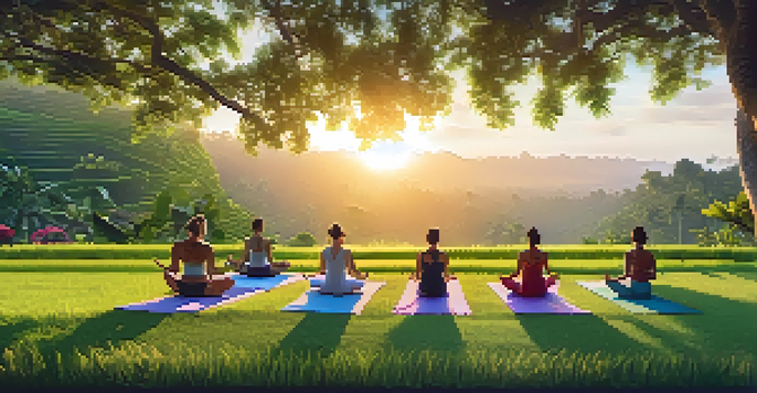 A tranquil scene of a yoga retreat in Bali, featuring people practicing yoga at sunrise among rice terraces and tropical flowers.