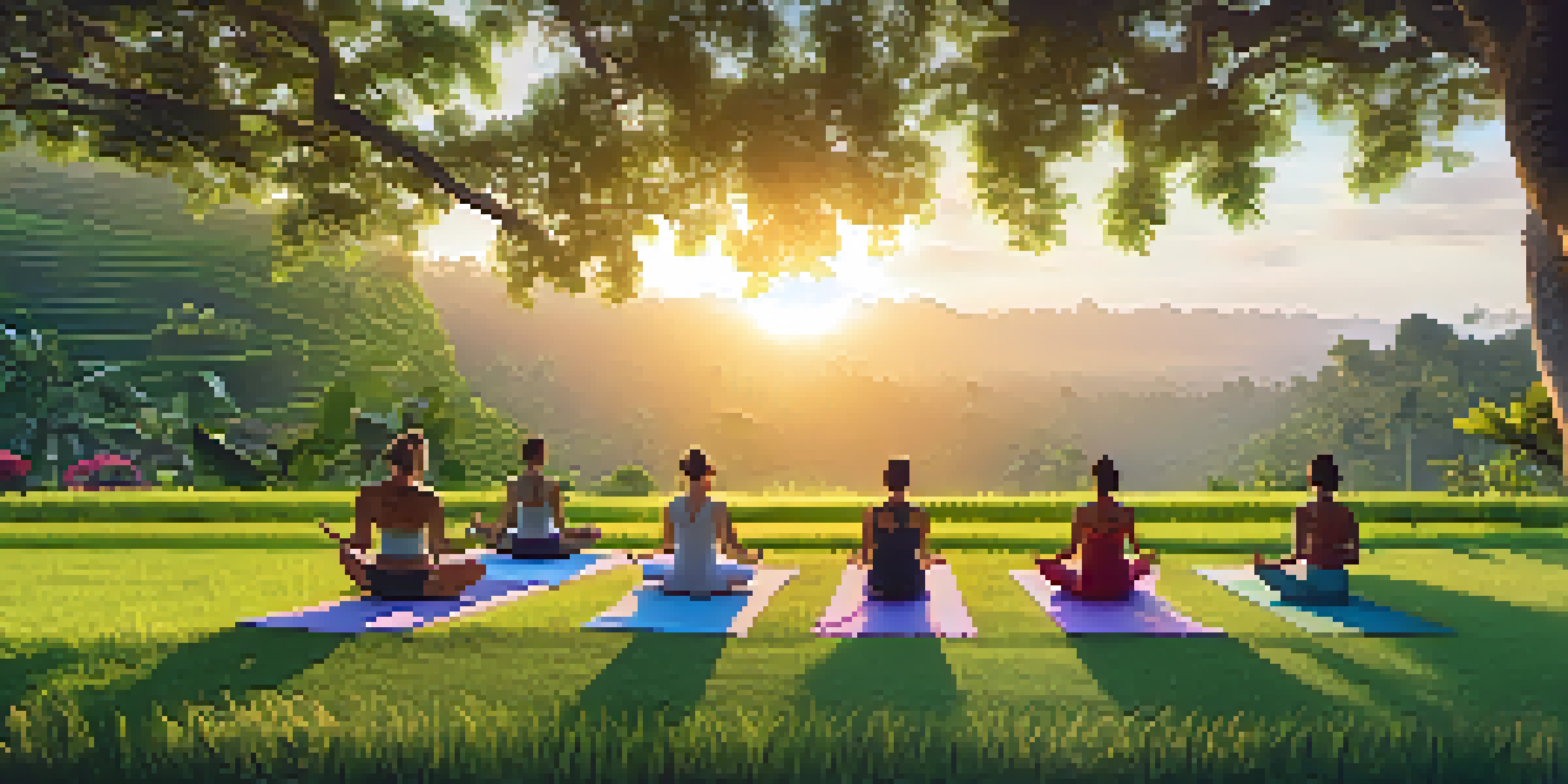 A tranquil scene of a yoga retreat in Bali, featuring people practicing yoga at sunrise among rice terraces and tropical flowers.
