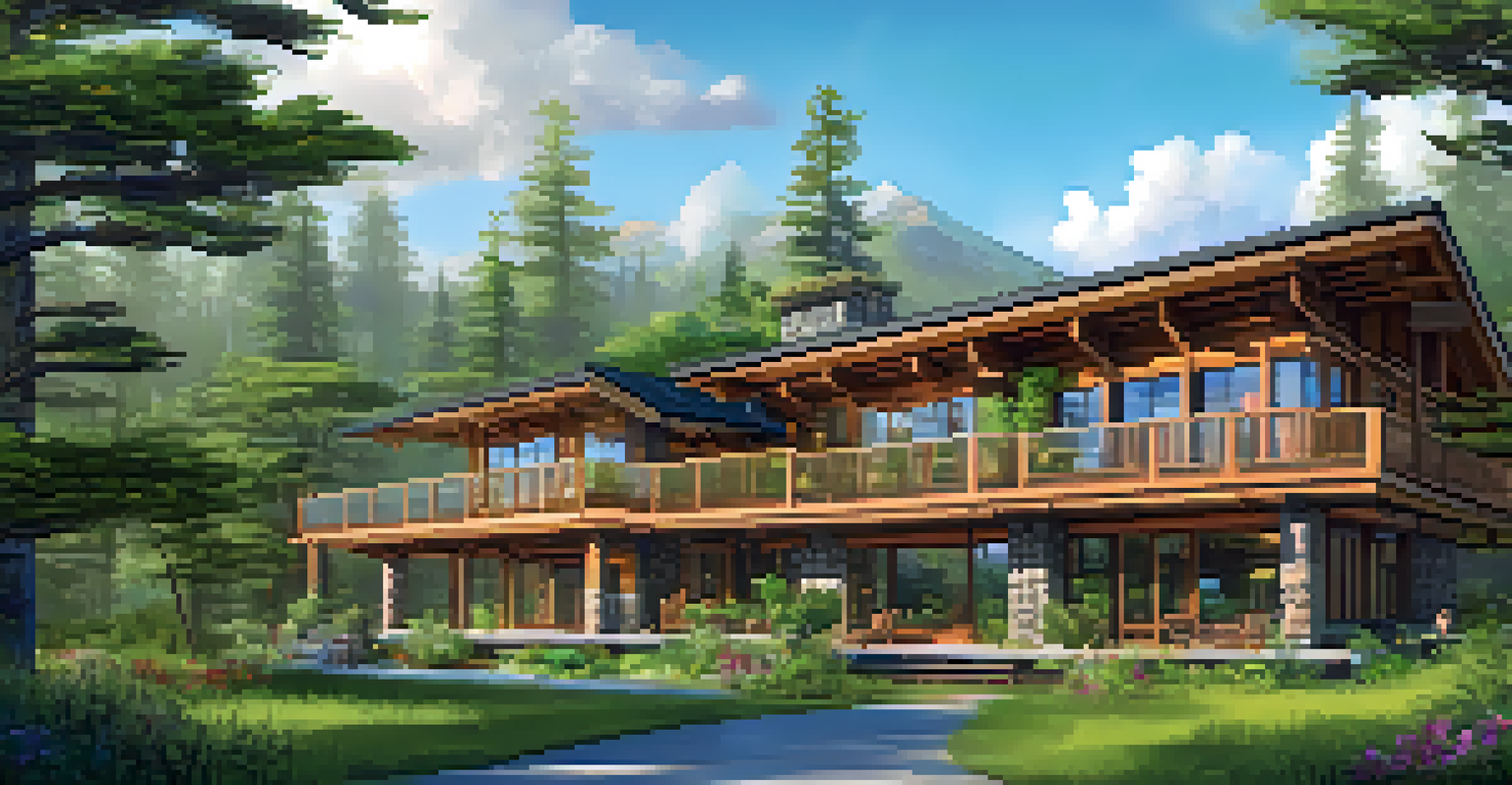 An eco-friendly lodge surrounded by a lush forest, showcasing sustainable design and vibrant greenery under a clear blue sky.