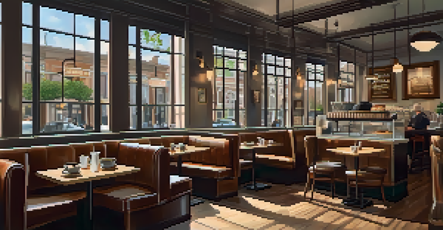 A cozy coffee shop interior with soft lighting, plush chairs, and pastries on tables, with a view of the street outside.