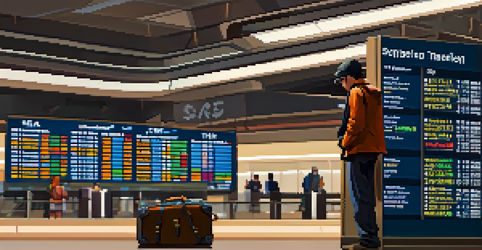 A traveler looking at a departure board filled with flight information in an airport.