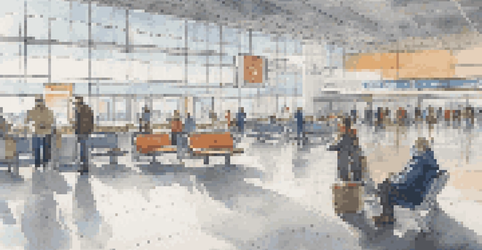 A spacious airport terminal with social distancing signs and spaced seating, showcasing passengers in masks and a bright environment.