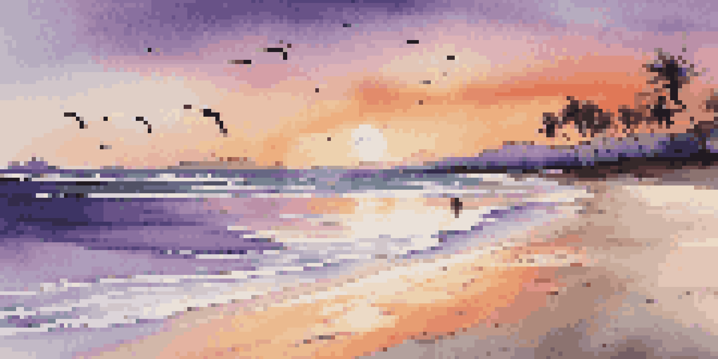 A beautiful beach at sunset with golden sand, calm waves, colorful sky, and palm trees.