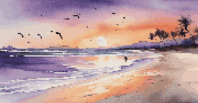 A beautiful beach at sunset with golden sand, calm waves, colorful sky, and palm trees.