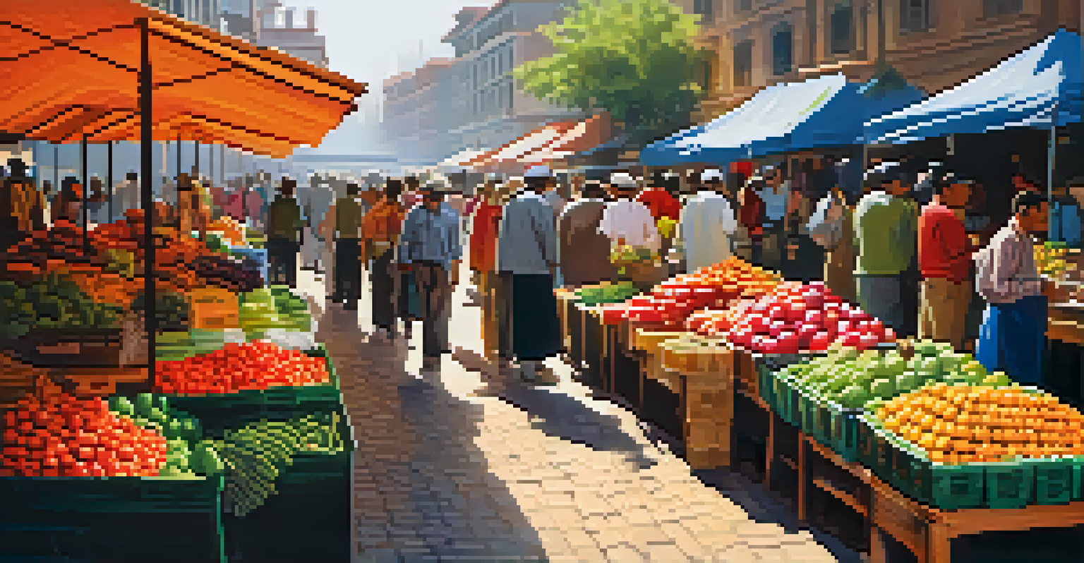 A lively market scene with colorful stalls, fresh produce, and vendors interacting with customers.