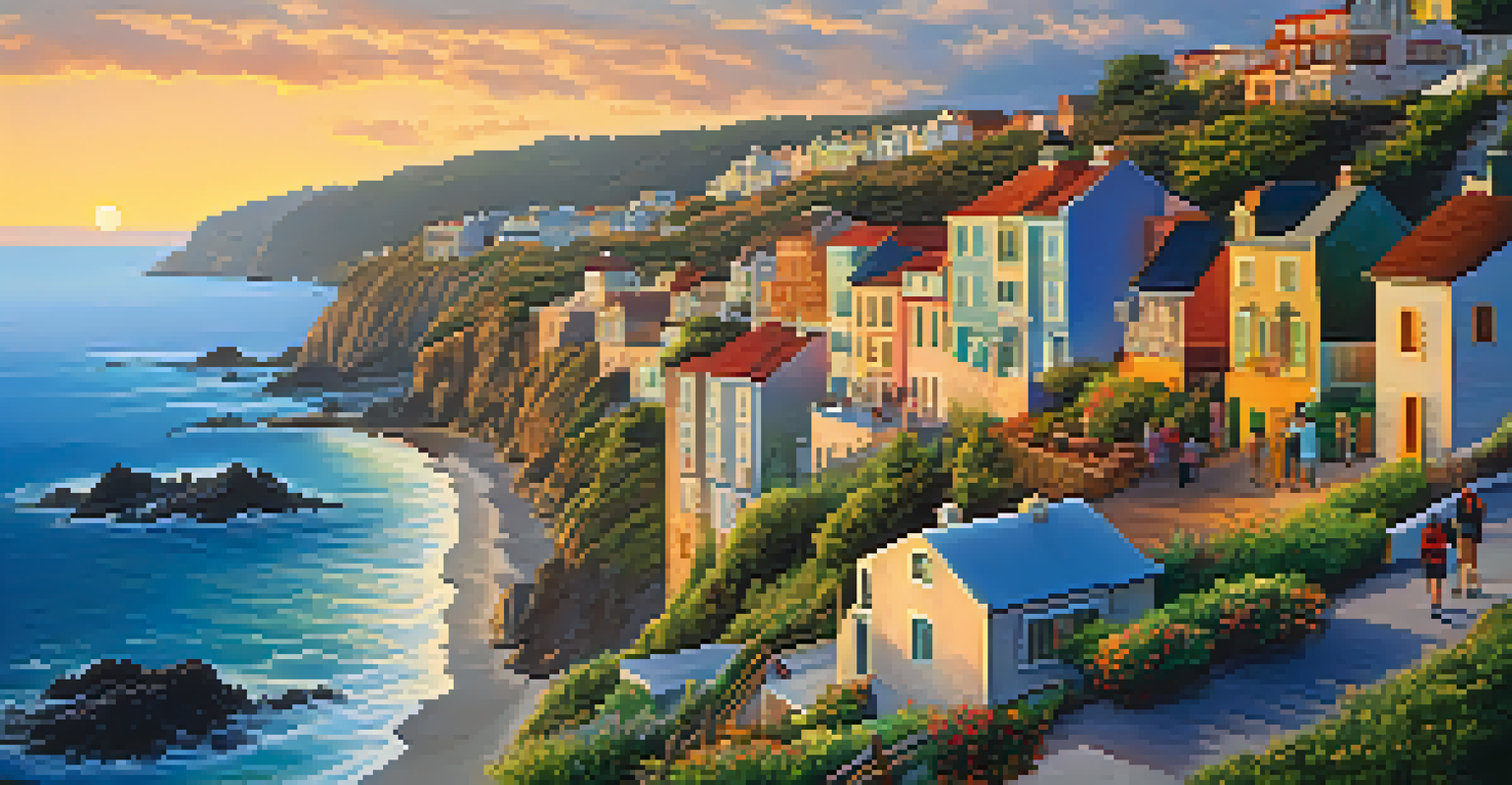 Travelers hiking along a coastal trail with colorful houses in the background and a sunset over the ocean, showcasing a scenic view.