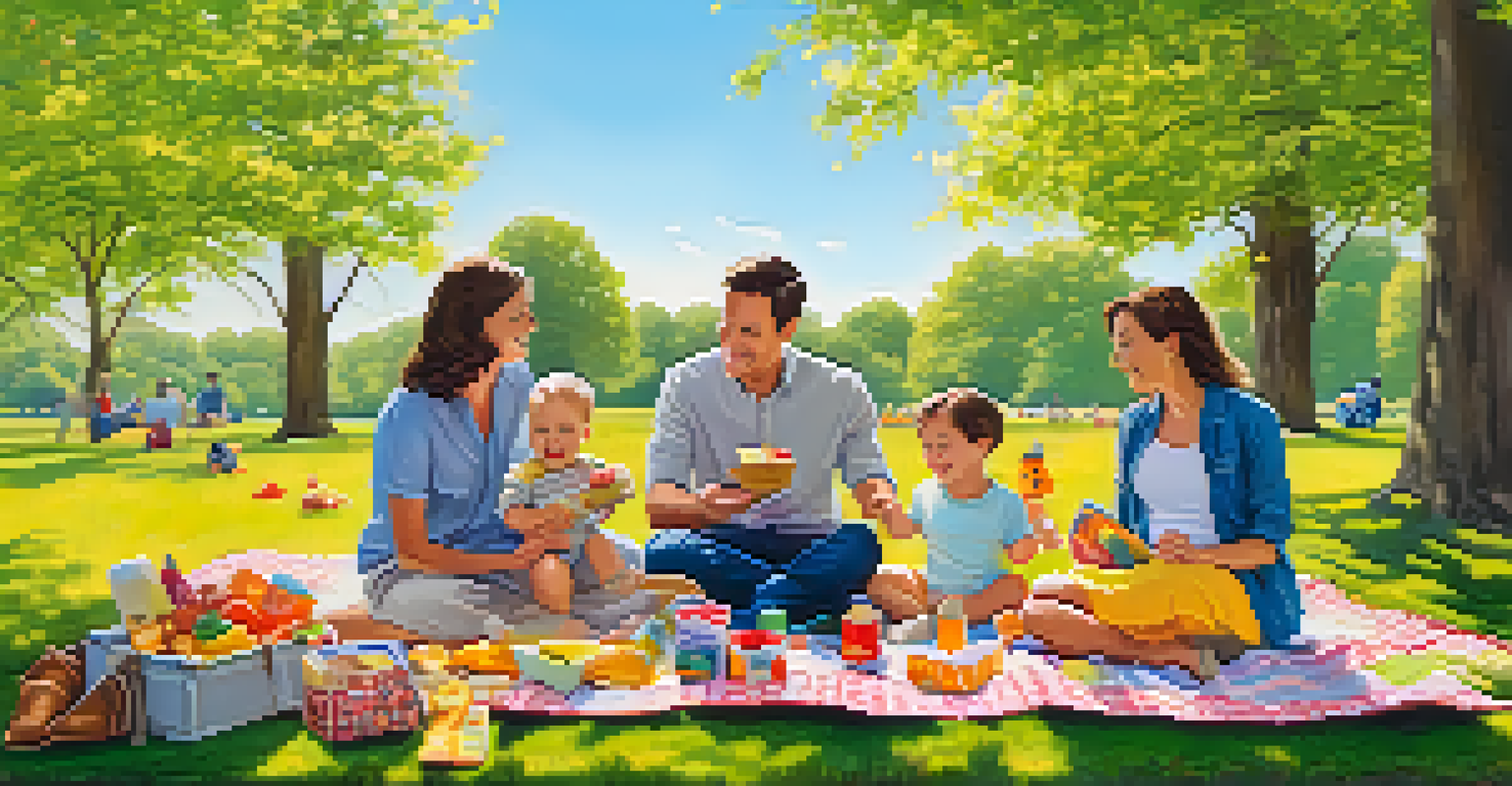 A family having a picnic in a park with their infant on a mat, surrounded by snacks and toys, under blue skies.