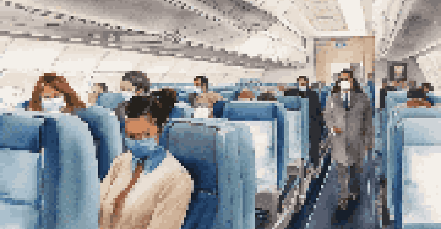 An airplane cabin interior showing passengers wearing masks, with a focus on hygiene and a modern design.