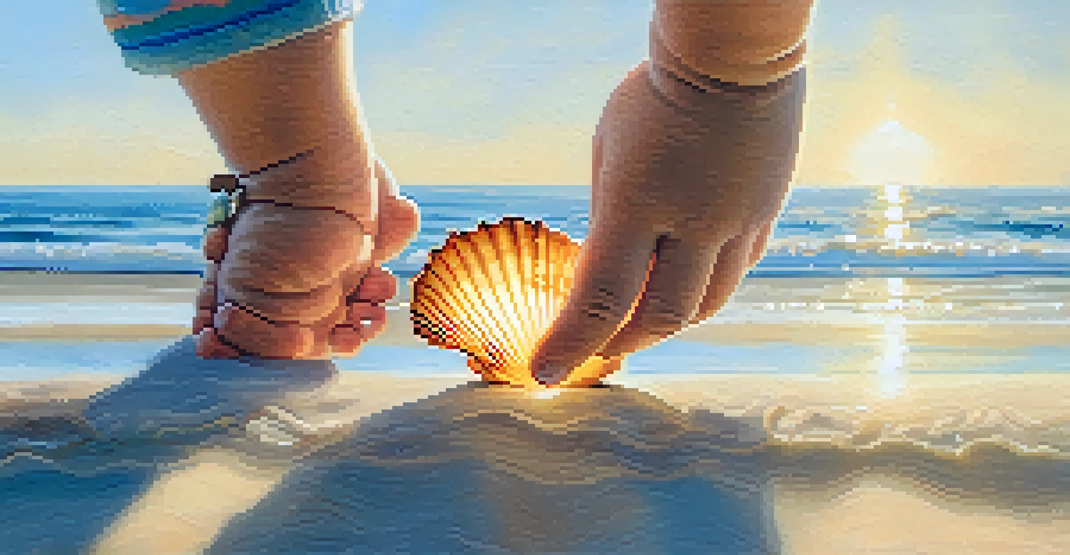 A child's hand holding a glowing seashell at the beach with people blurred in the background.