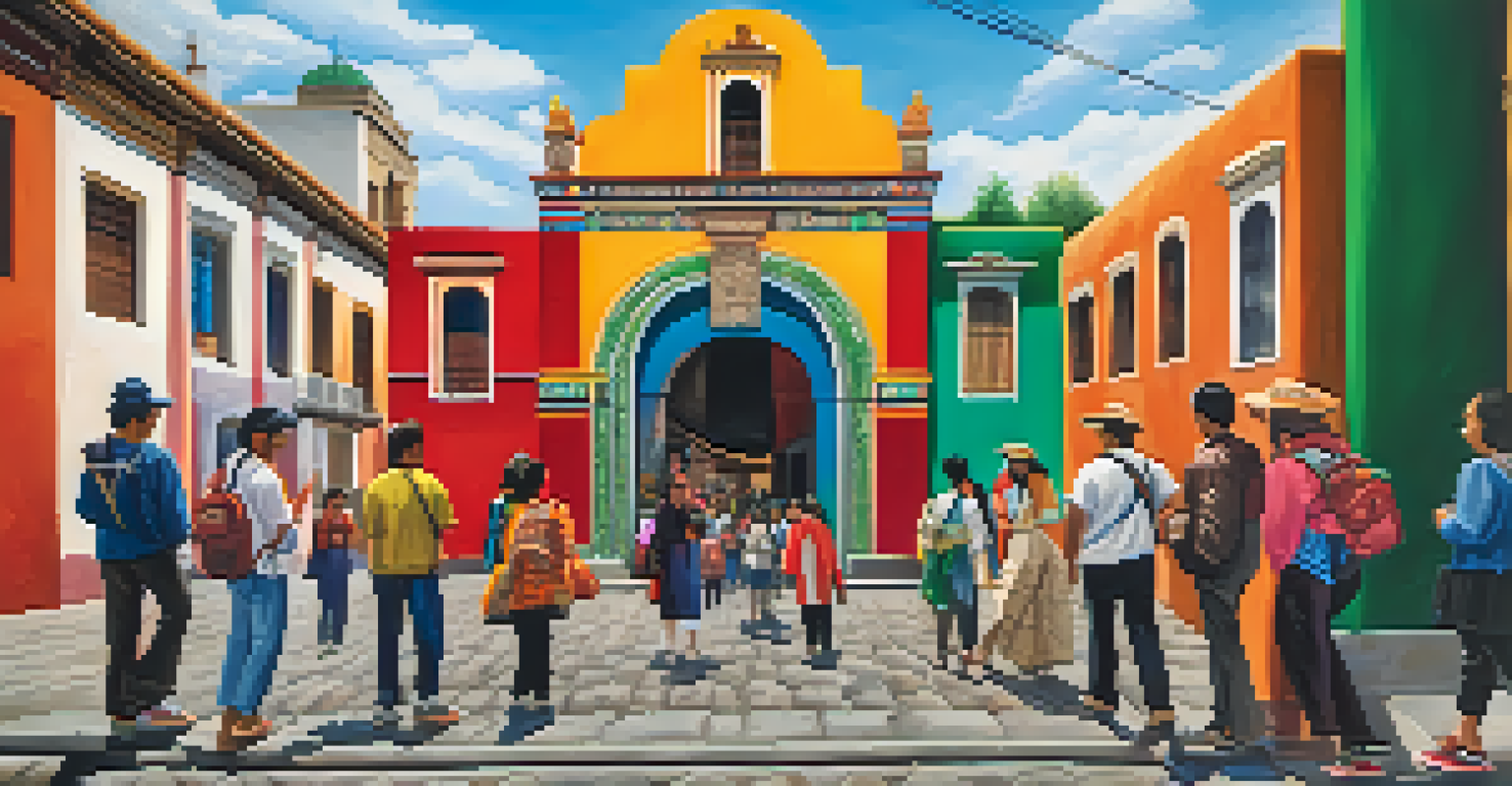 A local guide sharing stories with travelers in the colorful streets of Mexico City, surrounded by murals and traditional architecture.