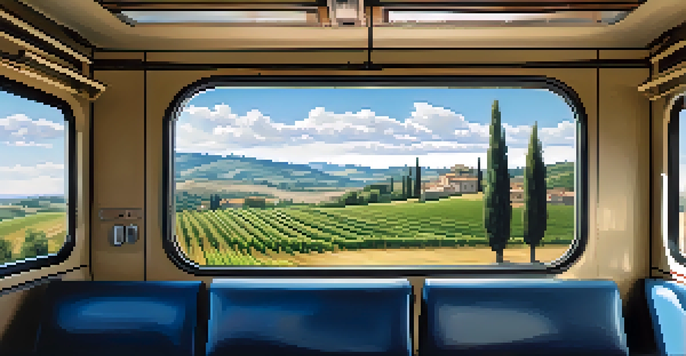 A picturesque landscape viewed from a train window, featuring rolling hills, olive trees, and vineyards in Tuscany.
