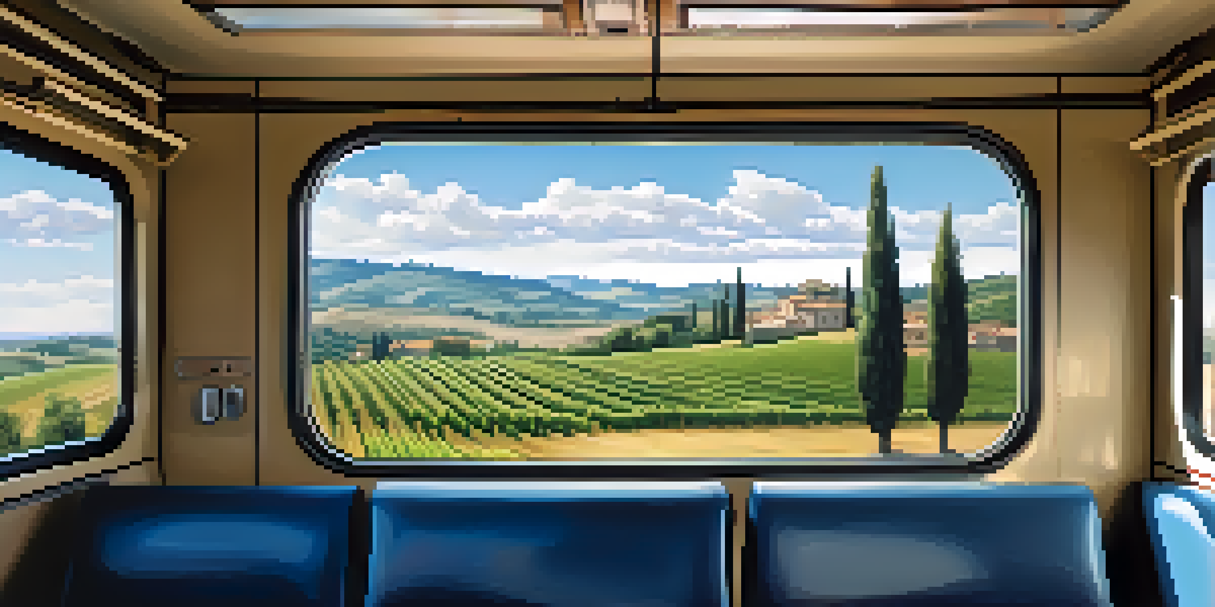 A picturesque landscape viewed from a train window, featuring rolling hills, olive trees, and vineyards in Tuscany.