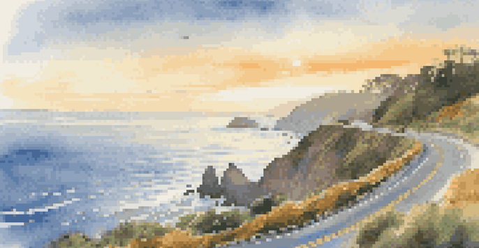 A scenic view of the Pacific Coast Highway with cliffs and ocean at sunset, featuring a vintage car on the road.