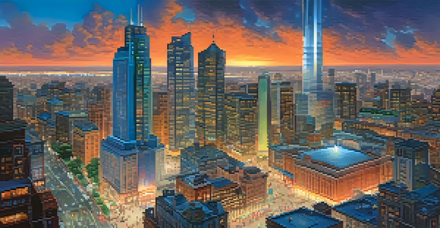 A vibrant cityscape at dusk with illuminated buildings and outdoor dining.