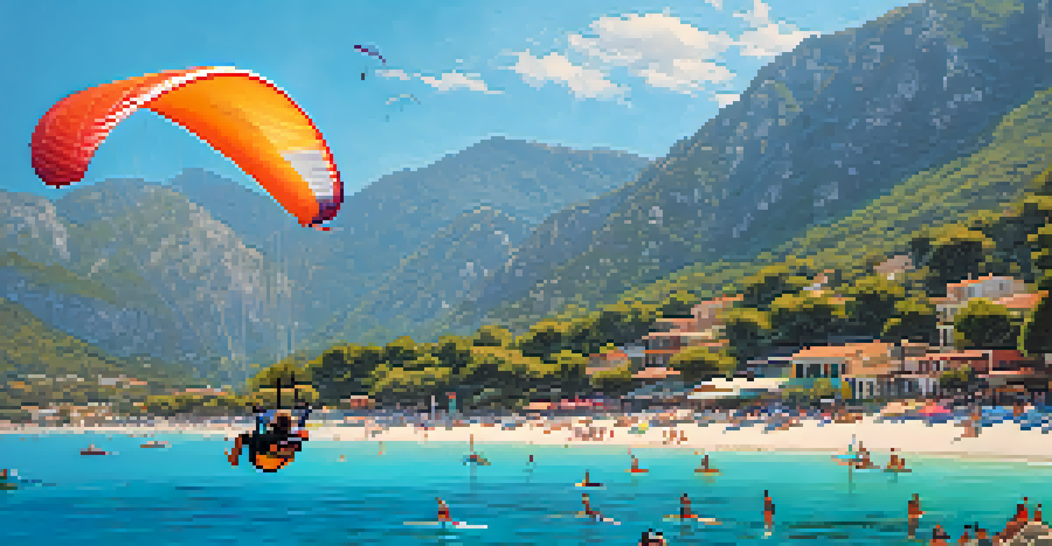 Paraglider flying over the Blue Lagoon in Oludeniz, Turkey, with turquoise waters and sandy beaches.