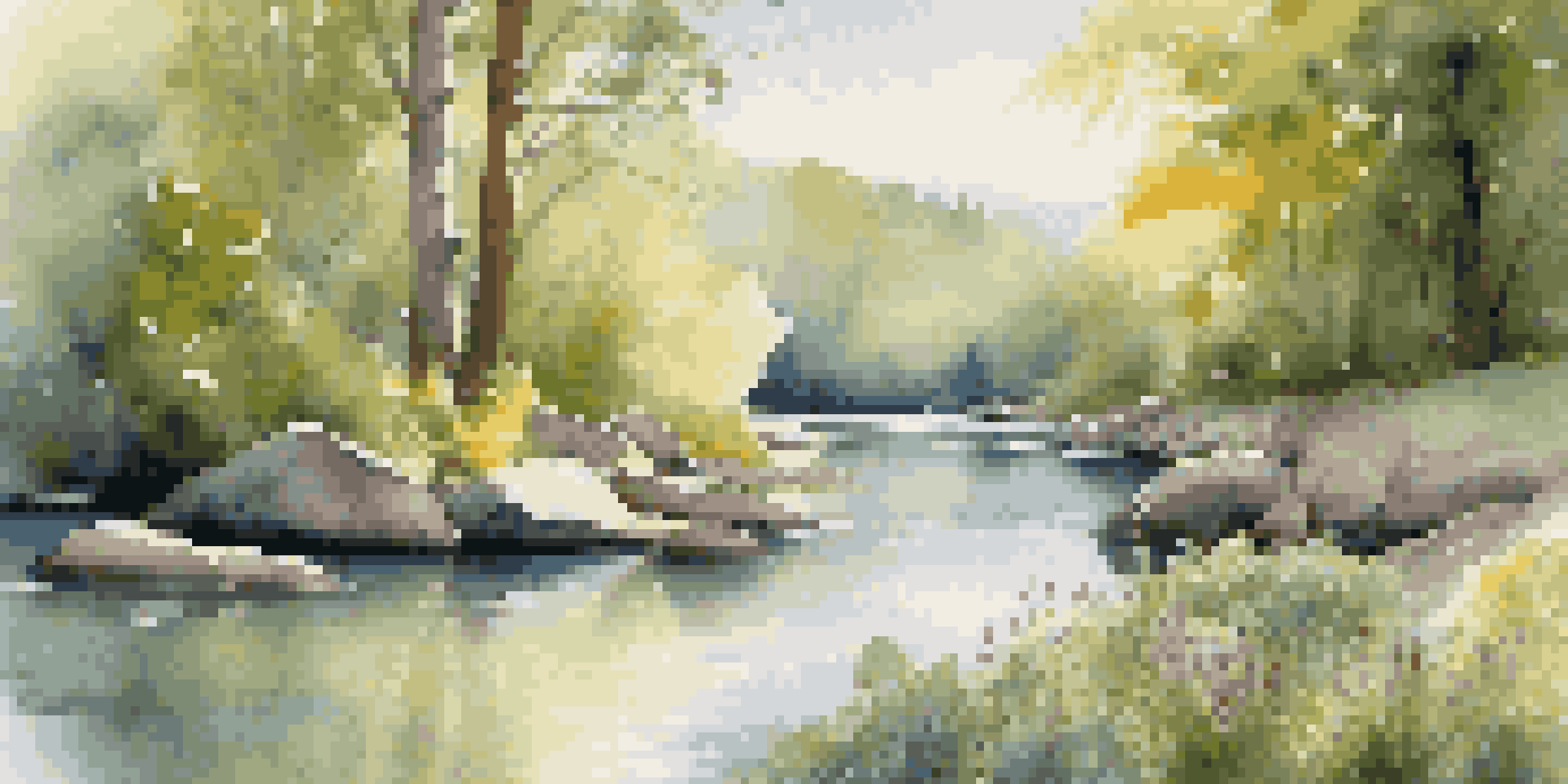 A peaceful river scene with sunlight filtering through trees and a person meditating on a rock beside the water.