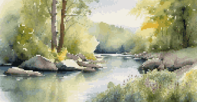 A peaceful river scene with sunlight filtering through trees and a person meditating on a rock beside the water.