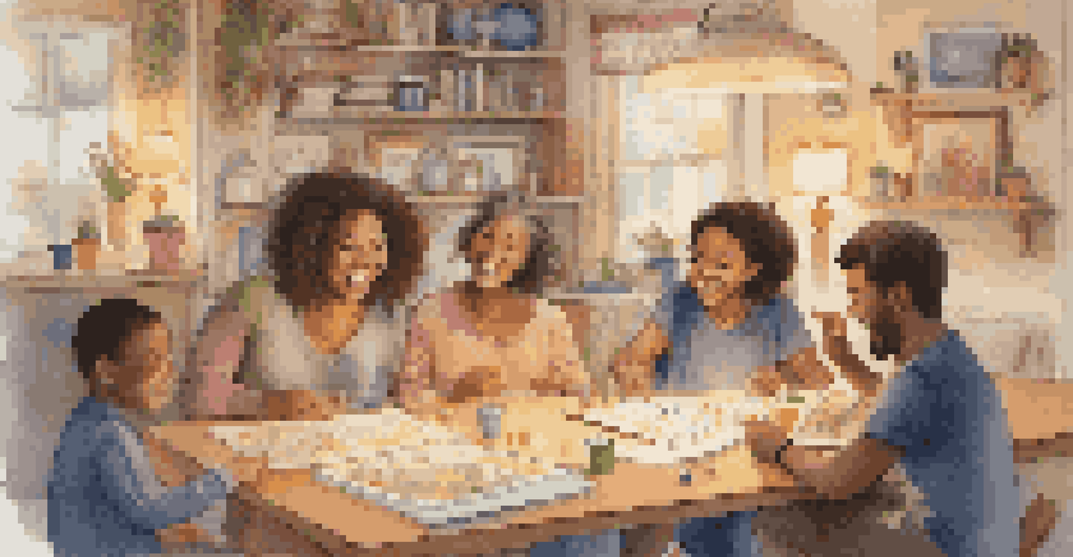 A cozy indoor family gathering where diverse family members are playing Pictionary, surrounded by warm lighting and colorful drawings.