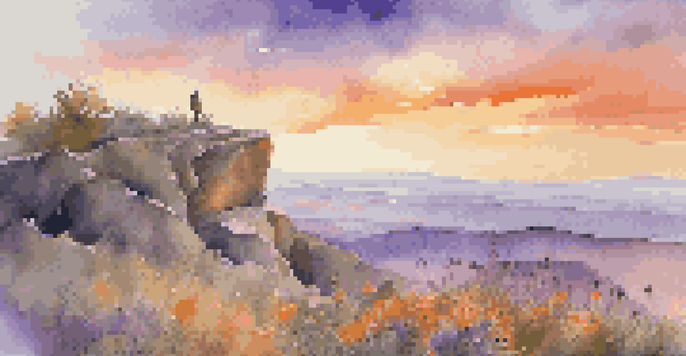 A traveler on a cliff at sunset, with colorful skies and flowers in the foreground.