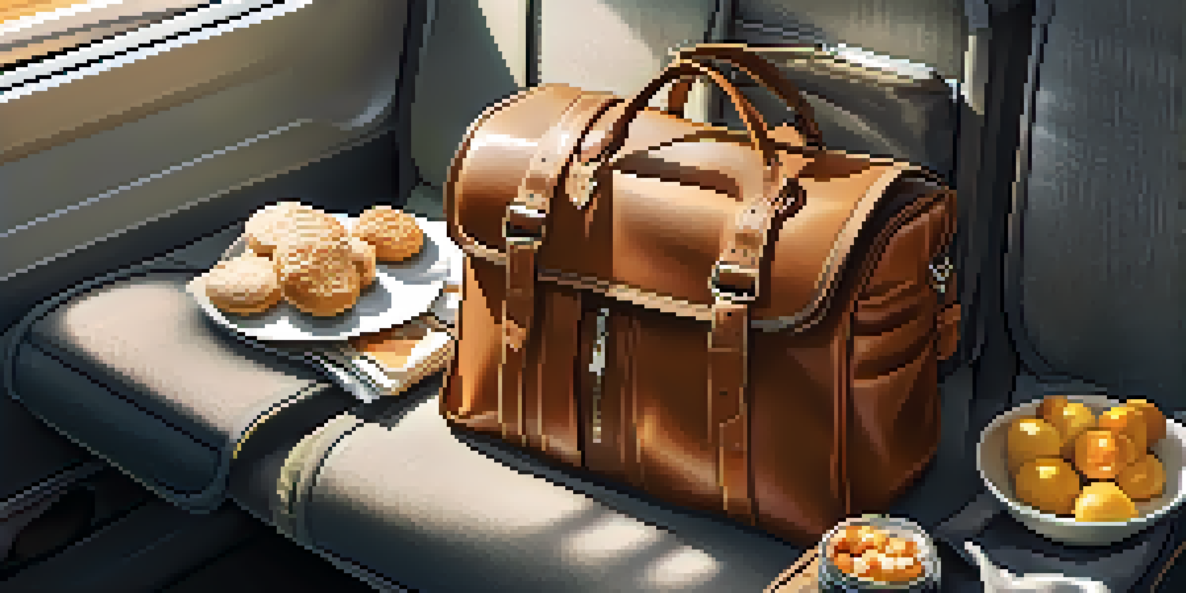 A travel bag on a train seat filled with snacks and personal items, with sunlight streaming through the windows.