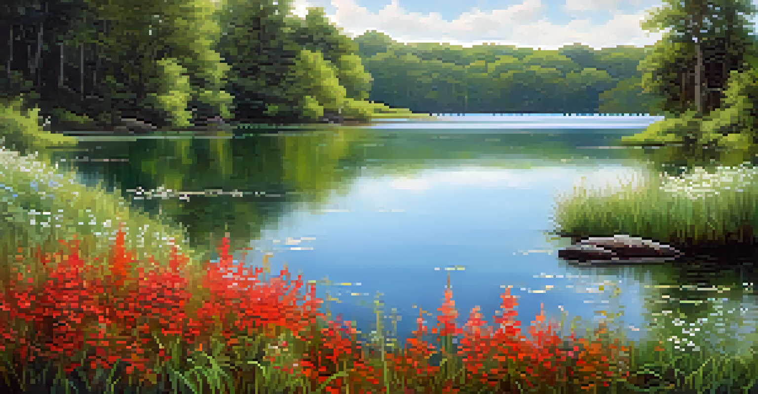 A peaceful lake scene with lush greenery and soft colors, featuring bright wildflowers in the foreground.