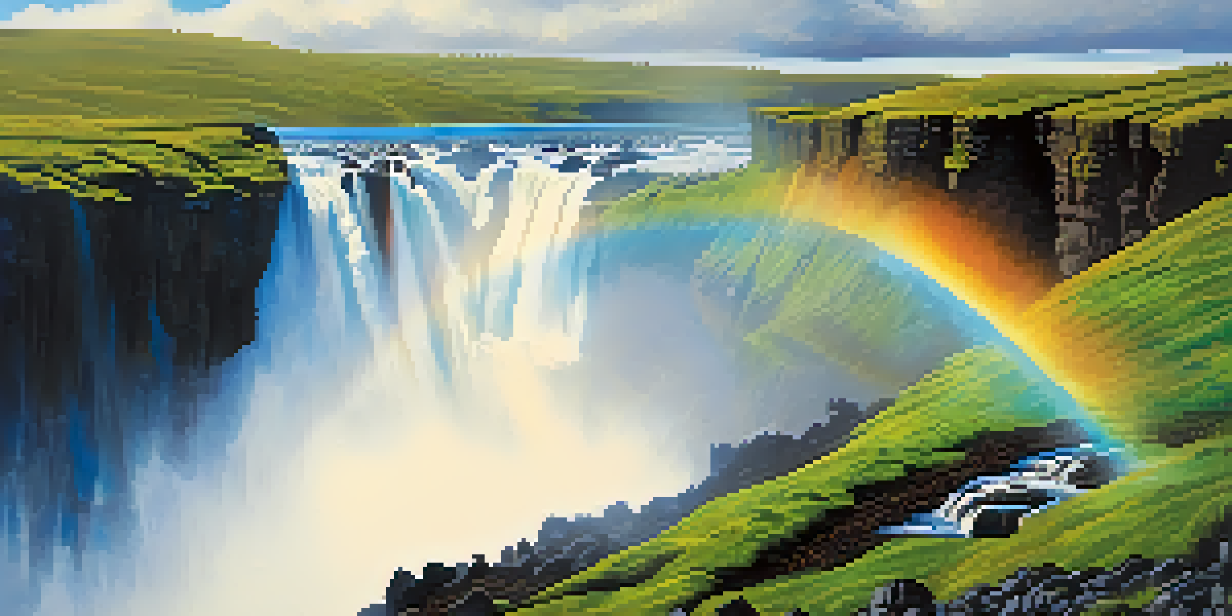 A stunning view of Gullfoss waterfall in Iceland with rainbows and lush greenery surrounding rocky cliffs under a clear sky.