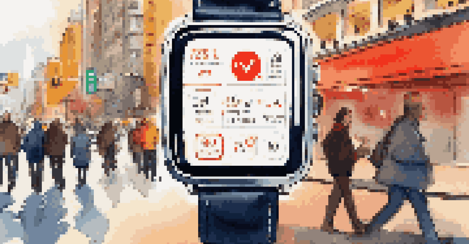 A close-up of a smartwatch showing emergency alerts and GPS coordinates, with a busy urban street in the background.