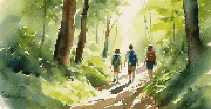 A family hiking on a beautiful trail surrounded by greenery and sunlight filtering through the trees.