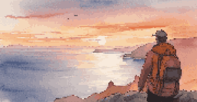 A traveler with a light backpack standing on a cliff at sunset, overlooking the ocean.