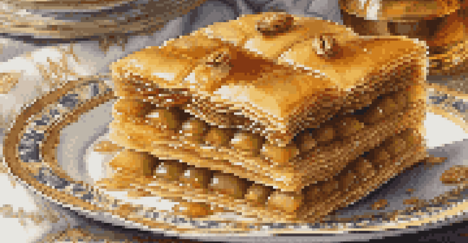 A close-up view of a layered slice of baklava on a patterned plate, emphasizing its flaky texture and shiny glaze.
