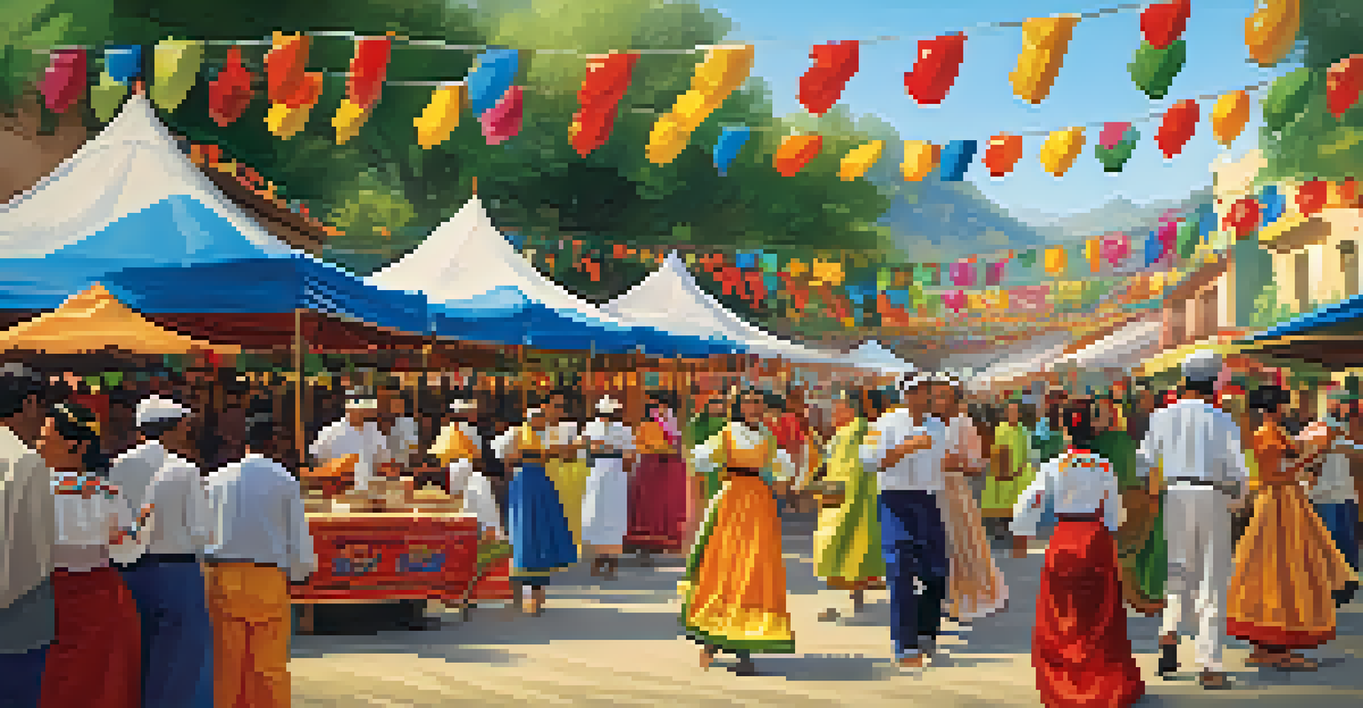 An outdoor festival scene with locals in traditional clothing dancing and colorful decorations, creating a lively atmosphere.