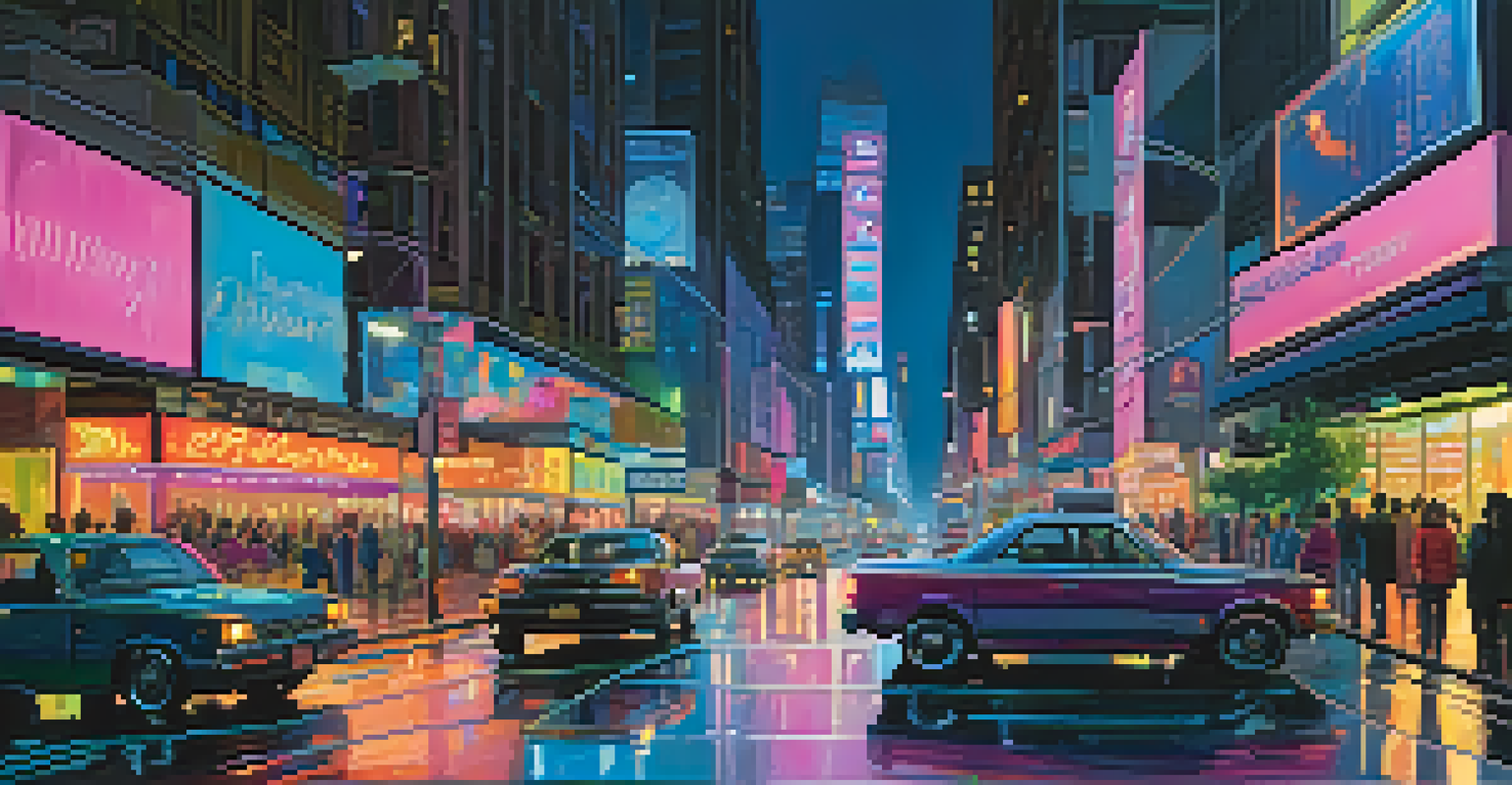 A lively city street at night with neon signs and car light trails reflecting on wet pavement, showcasing vibrant colors.