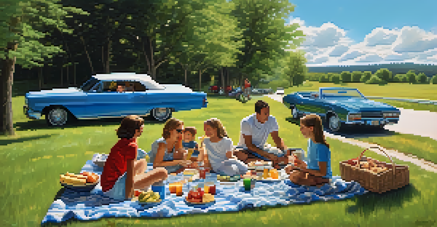 A family having a picnic by the roadside with a cooler and snacks, enjoying nature under a blue sky.