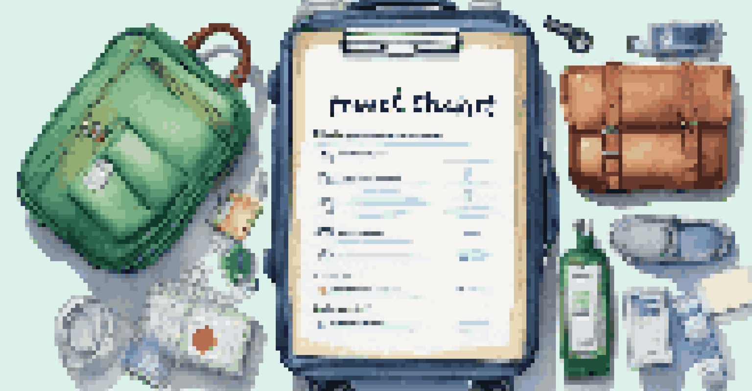 A travel safety checklist surrounded by travel essentials like a suitcase and a passport, on a soft blue and green background.