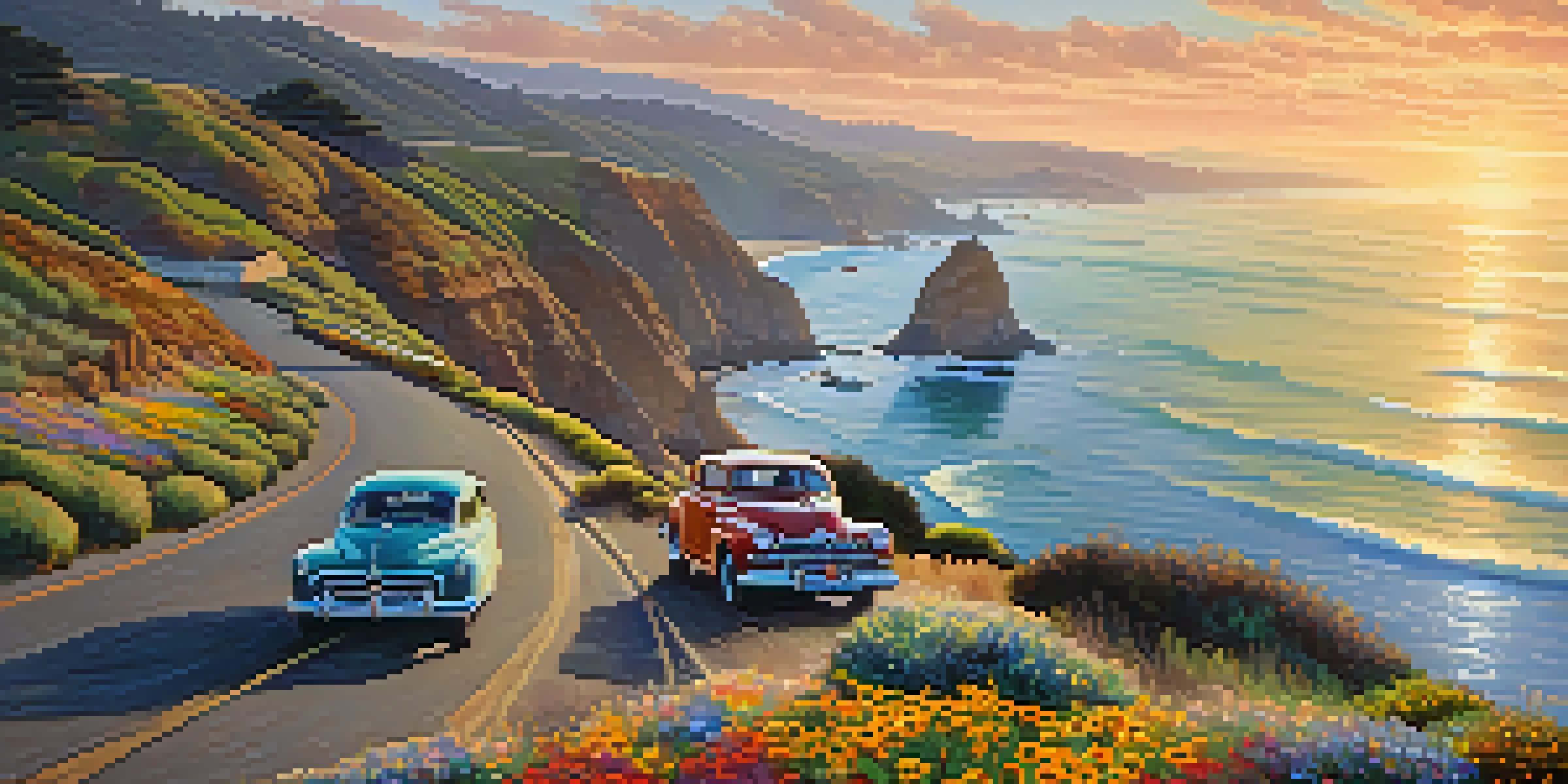 View of the Pacific Coast Highway with cliffs and ocean at sunset, featuring a vintage car and blooming wildflowers.