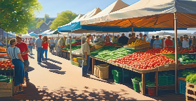 A bustling farmers' market with colorful fresh produce and people engaging with vendors.